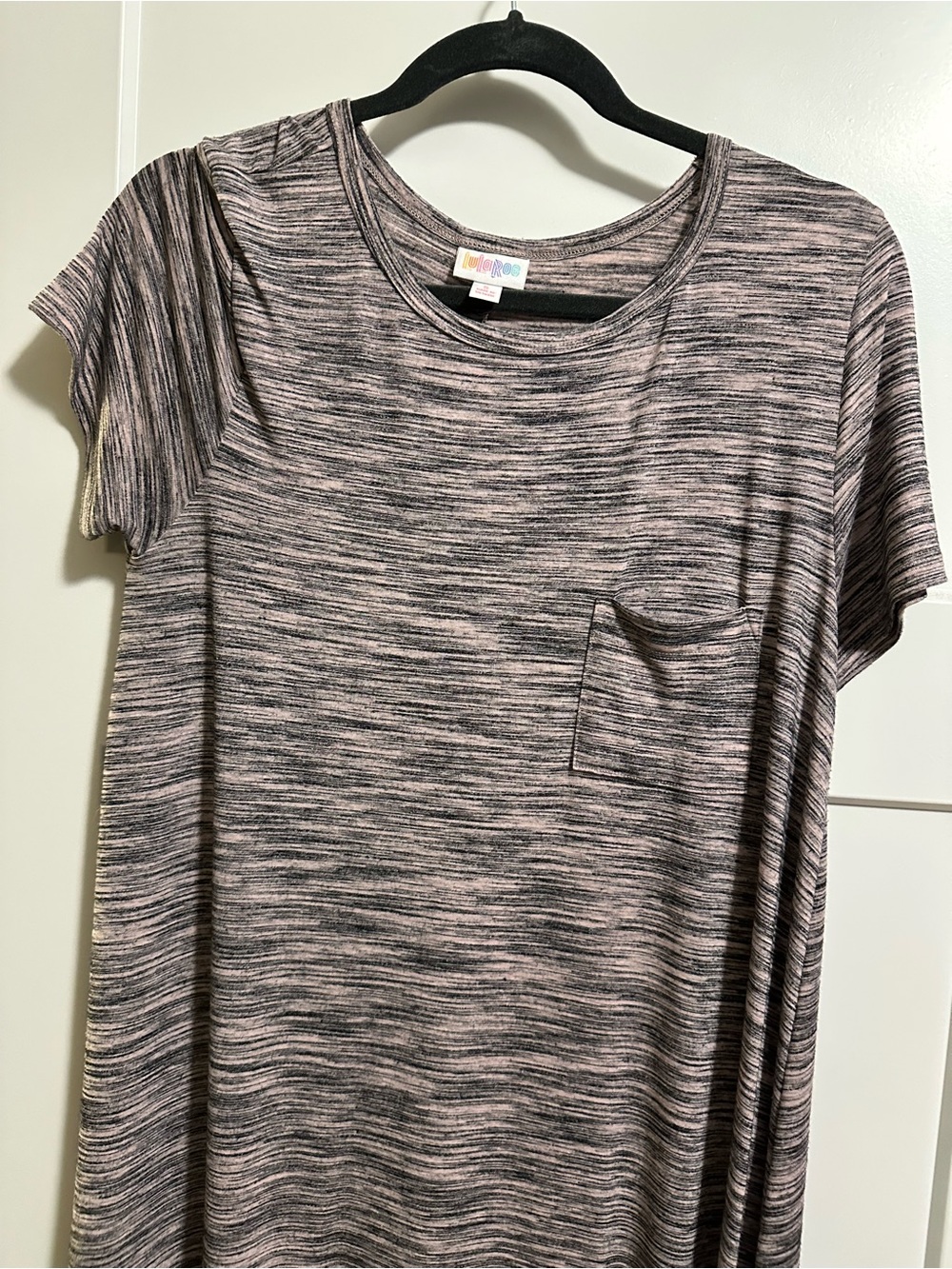 Lularoe Carly Soft Heathered Short Sleeve Pocket dress- Grey/Pink